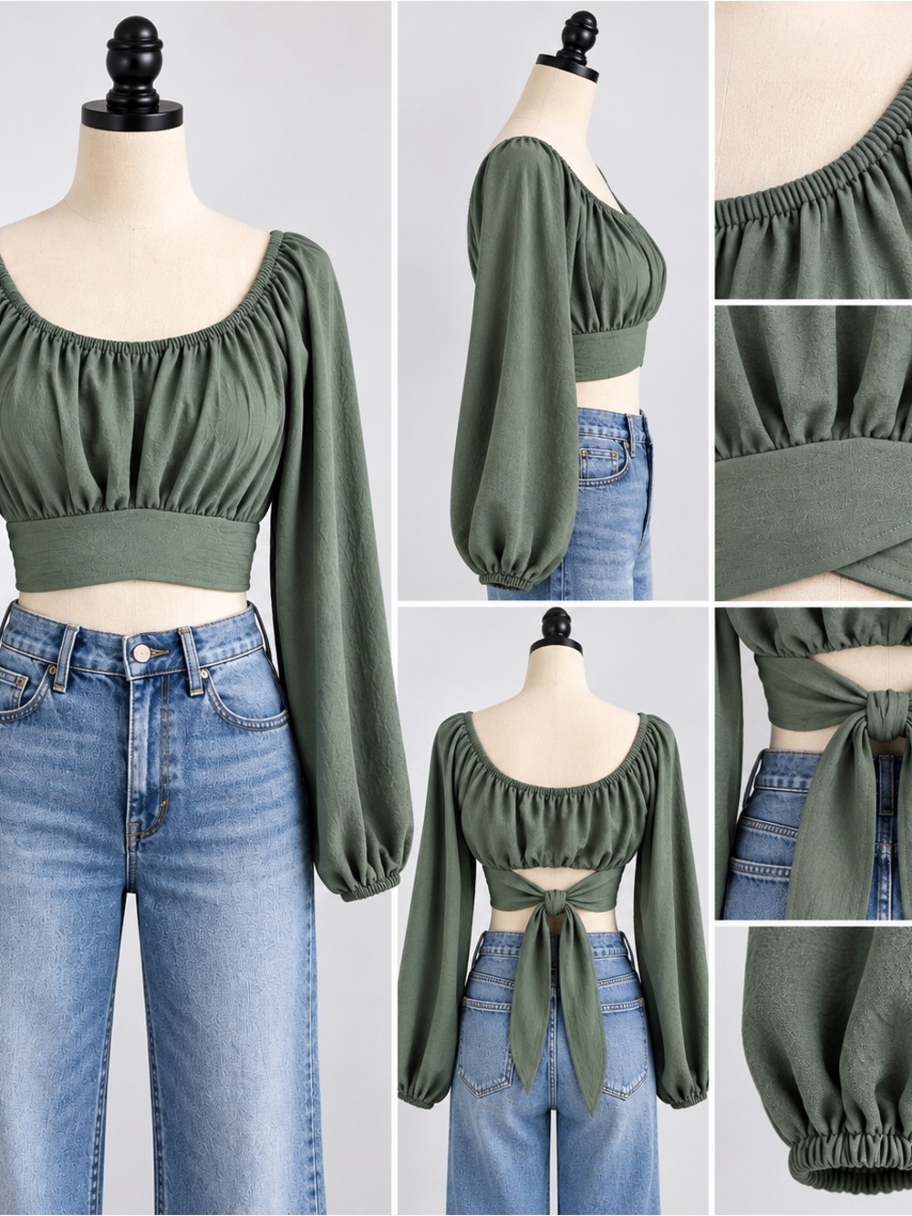 Altar’d State Women’s M Sage Green Tie Back Crop Top Balloon Sleeve Boho